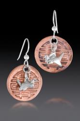 Earrings - Fine Silver Crane and Copper Discs