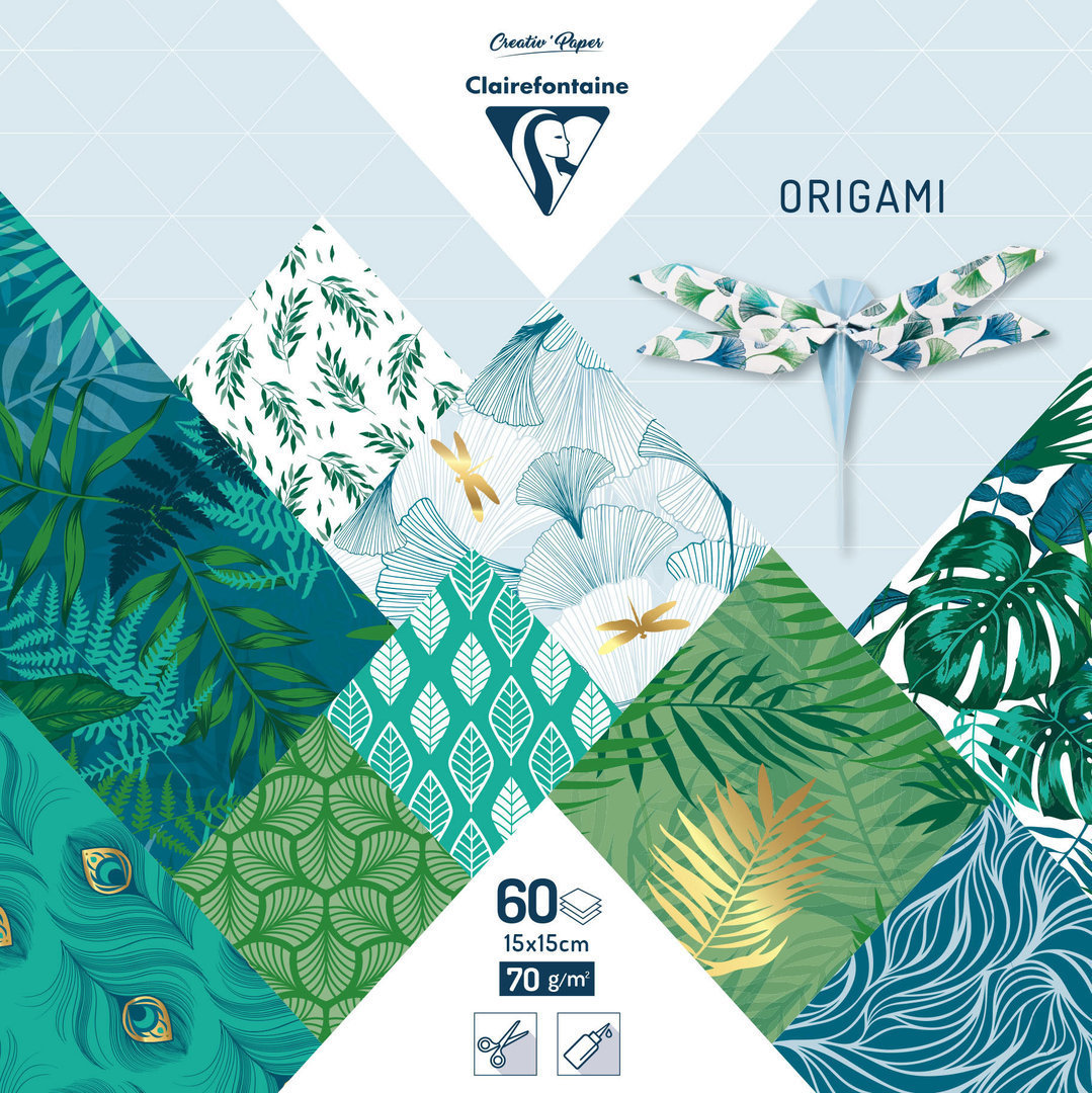 Pack 60 Origami sheets Shibori "Plants & Dragonfly" - 15x15 cm
