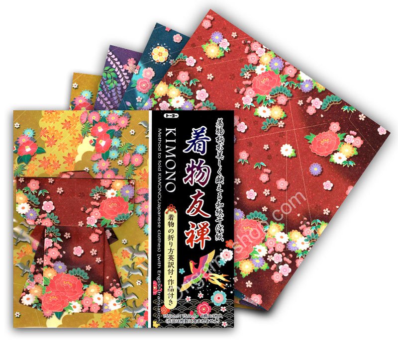 Pack: Washi Chiyogami "Kimono Yuzen" - 4 patterns - 12 sheets - 15x15cm (6"x6")