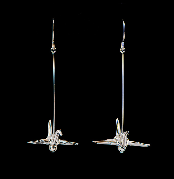 Long Earrings - Fine Silver Cranes