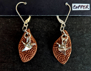 Boucles d'oreilles en argent fin - Grues en argent et feuilles en cuivre